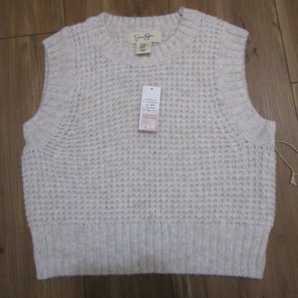 NWT Jessica Simpson Basket Stitch Knit Cropped Sweater Vest Beige tan oatmeal XS